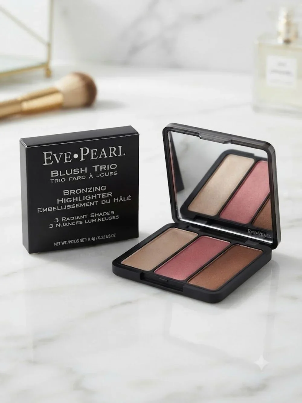 NIB Eve Pearl Blush Trio – Bronzing Highlighter (Golden Bronze / Pink Sand / Cha